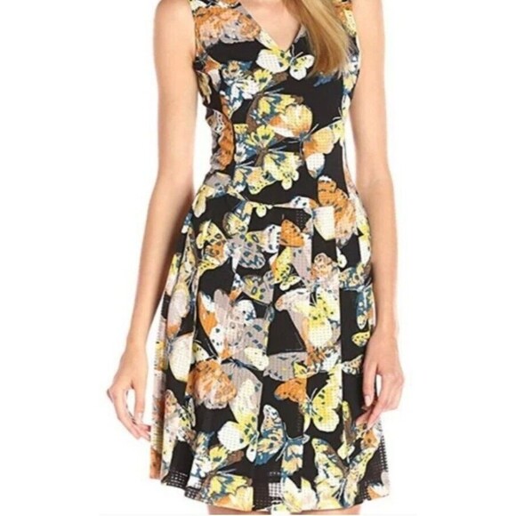 Nine West Dress‎ Size 12 Butterfly Sleeveless V Neck Drop Waist Short Pleated - Picture 2 of 11